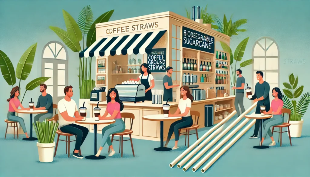 An engaging illustration of a modern café with happy customers using biodegradable sugarcane and coffee ground straws, highlighting the shift in consumer demand and brand loyalty. 