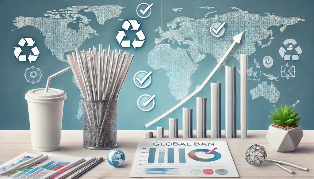 A professional-looking chart-style illustration showing the global ban on plastic straws and the rise of eco-friendly alternatives. 