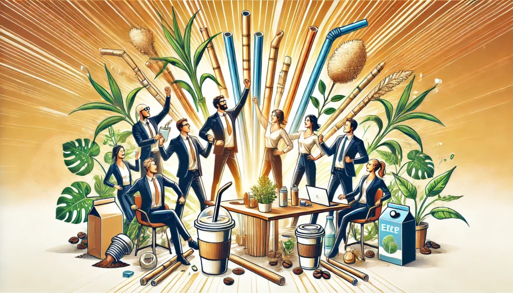 A dynamic illustration of a business team in a modern office celebrating sustainability success. 