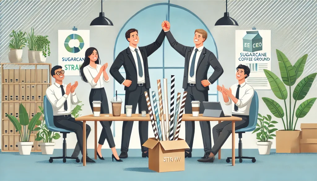 An optimistic illustration of a business team celebrating a successful partnership with a reliable eco-friendly straw supplier. The scene shows a modern office setting with eco-friendly products like sugarcane and coffee ground straws on display