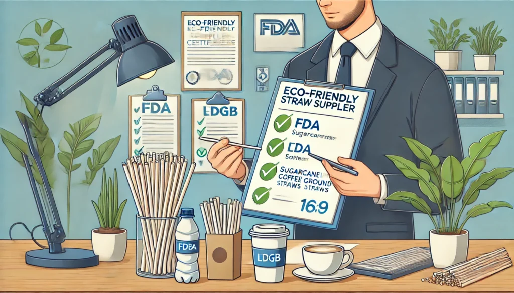 An illustration depicting a professional setting where a business owner is reviewing eco-friendly straw supplier certifications such as FDA and LFGB, with eco-friendly products like sugarcane and coffee ground straws on the table