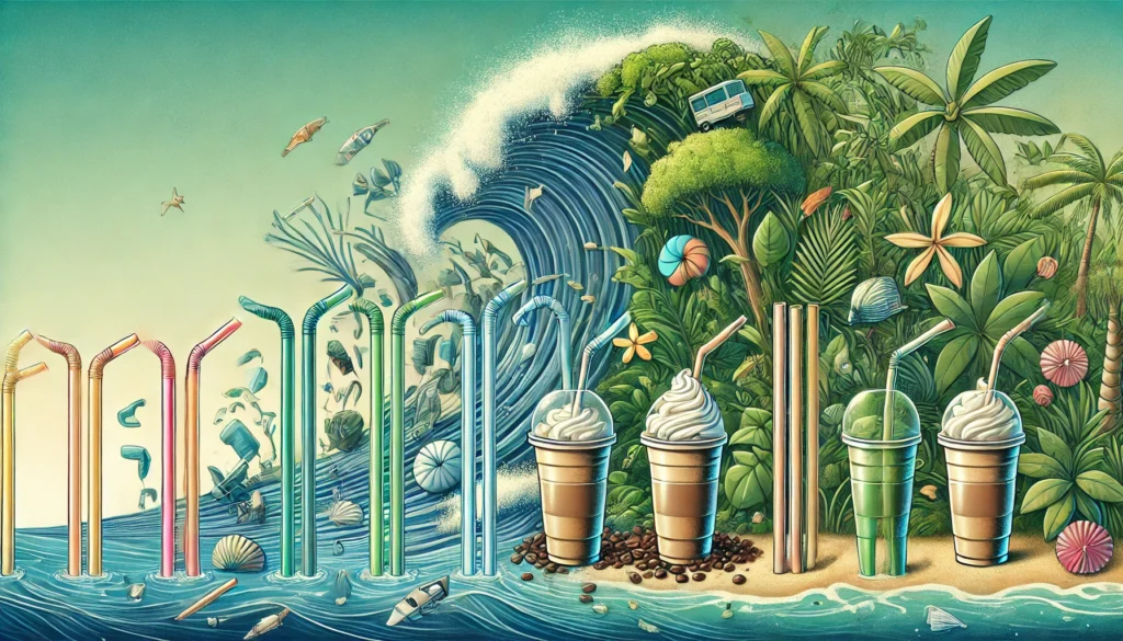 An illustration showcasing the evolution of drinking straws, starting with plastic straws polluting an ocean scene, transitioning to eco-friendly options like sugarcane, coffee grounds, and bamboo straws in a lush, sustainable environment.