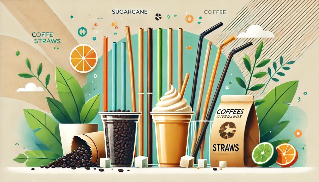 An illustration highlighting sugarcane and coffee grounds straws as modern eco-friendly alternatives, placed on a clean table with vibrant drinks and compostable packaging, emphasizing sustainability and durability