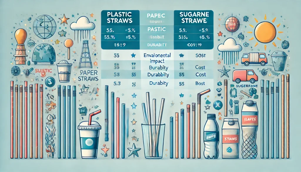 An engaging illustration showing a comparison chart between plastic straws, paper straws, and sugarcane straws, highlighting their environmental impact, durability, and cost benefits.