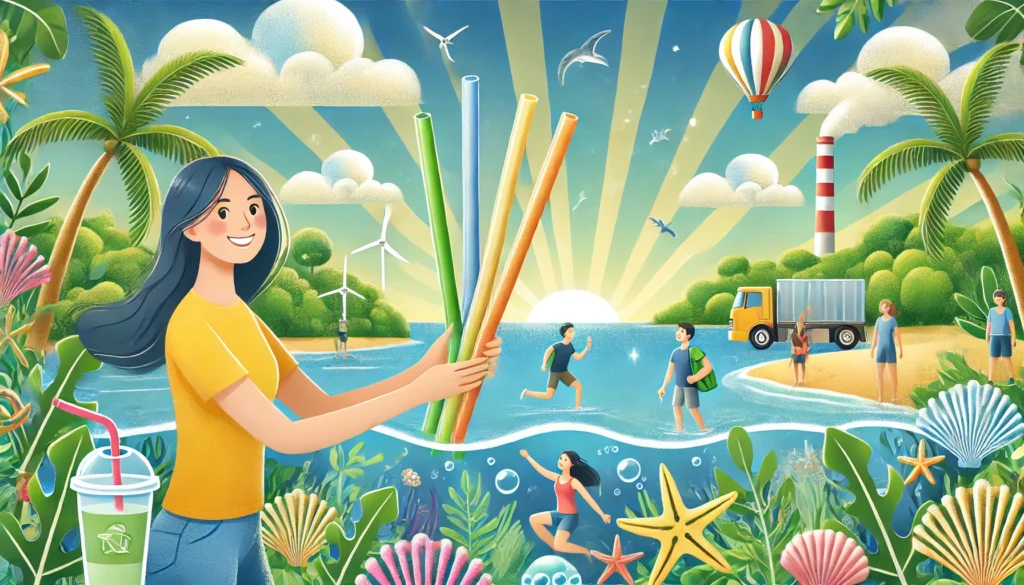 An optimistic illustration depicting the future of sustainable straws, showcasing innovative materials like algae-based and compostable sugarcane straws, with vibrant scenes of clean oceans and happy consumers.