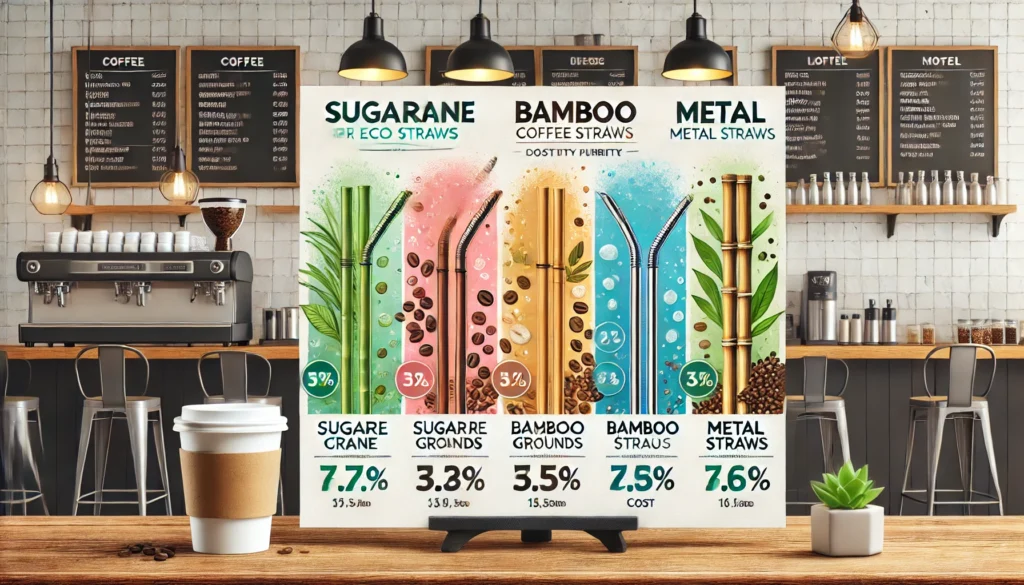 An illustration showcasing a side-by-side comparison of eco-friendly straws, including sugarcane, coffee grounds, bamboo, and metal straws, with durability and cost labels. Vibrant and business-focused, set in a clean modern café