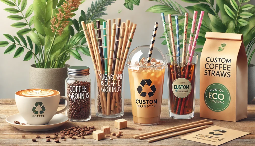 n illustration of sugarcane and coffee grounds straws on a beautifully set café table with drinks, showcasing custom branding options and vibrant eco-friendly packaging.