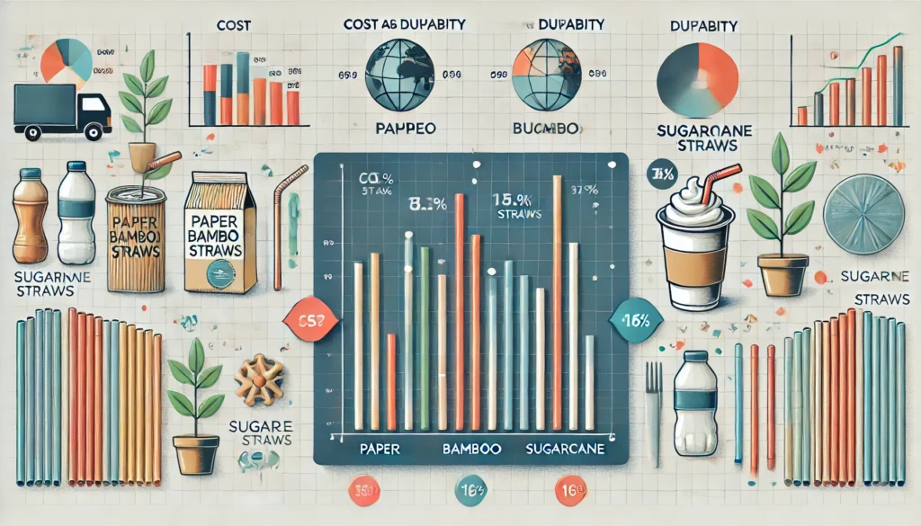 An engaging illustration showing cost and durability comparisons between paper, bamboo, and sugarcane straws, presented as an infographic in a business setting