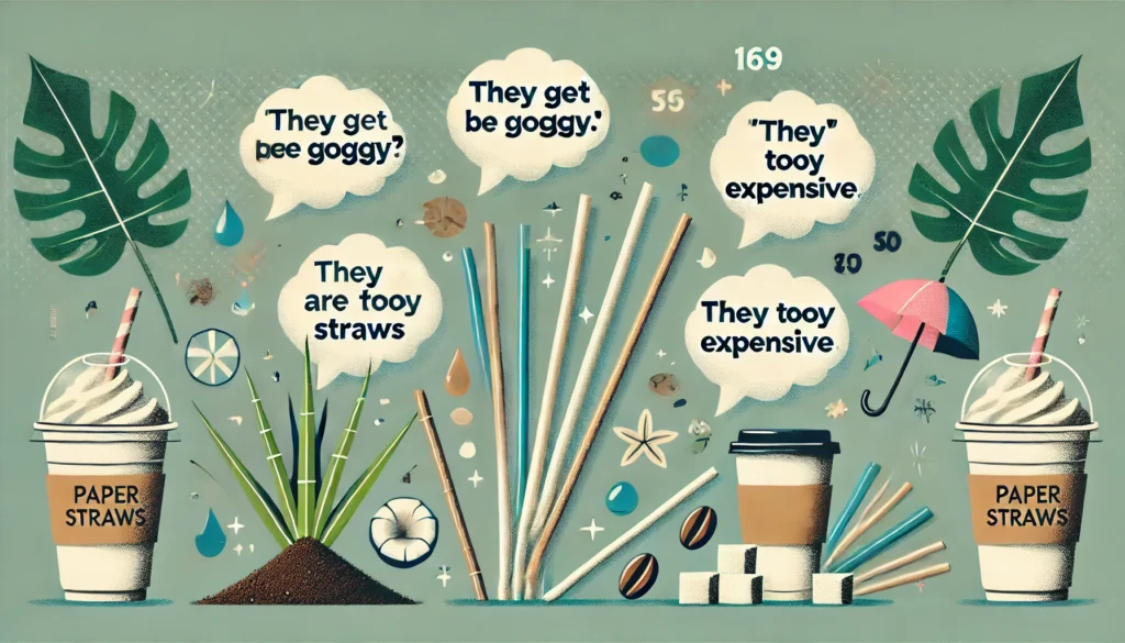 An engaging illustration showing common misconceptions about eco-friendly straws, with myths like 'They get soggy' and 'They’re too expensive' displayed as text bubbles, alongside images of sugarcane, coffee grounds, and paper straws in a modern design