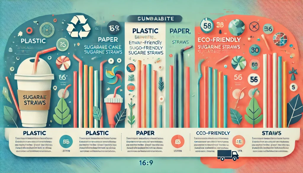 An illustration depicting a comparison between plastic, paper, and eco-friendly sugarcane straws, highlighting durability, environmental impact, and cost efficiency. Modern infographic style in vibrant colors