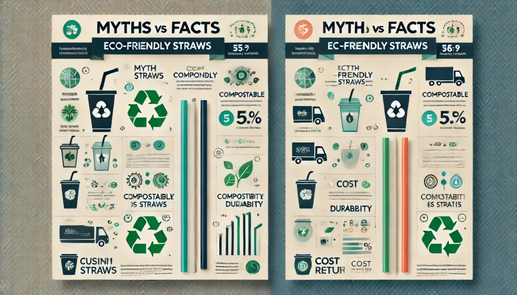 A creative infographic-style illustration showcasing myths versus facts about eco-friendly straws, with icons representing compostability, durability, and cost benefits, set in a clean business-focused layout.