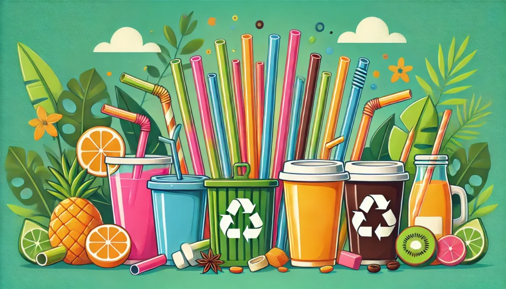 n optimistic illustration of eco-friendly straws, including sugarcane and coffee grounds varieties, surrounded by vibrant drinks and compost bins, emphasizing their positive environmental impact. 