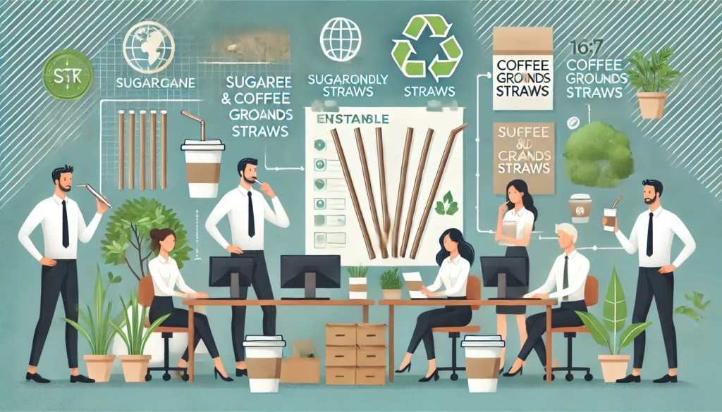 An illustration showcasing a company integrating eco-friendly straws into their CSR strategy. Employees are engaged in promoting sustainable products like sugarcane and coffee grounds straws in a professional office environment with eco-conscious branding materials.