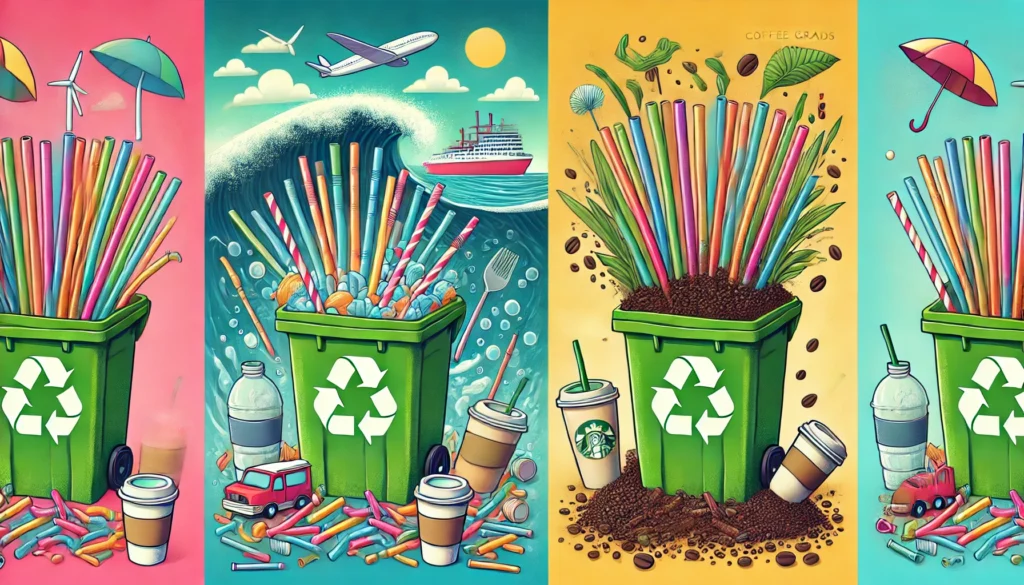 A side-by-side comparison illustration showing the environmental impact of plastic straws polluting oceans versus eco-friendly sugarcane and coffee grounds straws decomposing in a compost bin. 