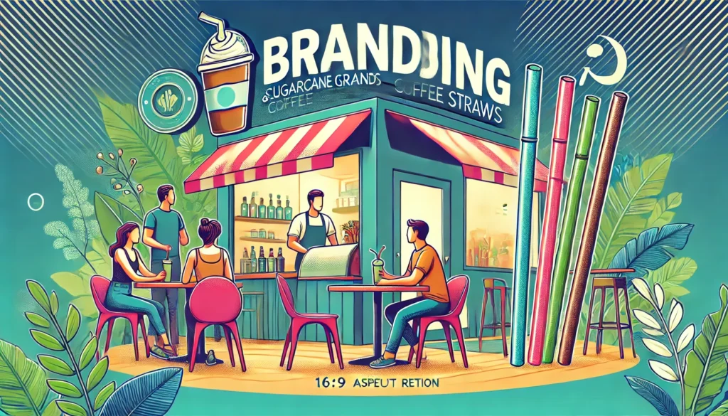 A vibrant illustration of a café scene where customers enjoy beverages with eco-friendly straws like sugarcane and coffee grounds straws.