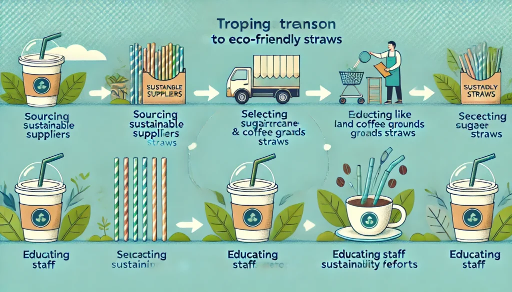 A step-by-step infographic-style illustration showing the transition to eco-friendly straws. Steps include sourcing sustainable suppliers, selecting materials like sugarcane and coffee grounds straws, educating staff, and marketing sustainability efforts