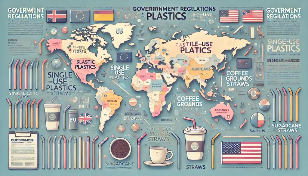 An illustration showing global government regulations on single-use plastics, highlighting plastic straws' environmental impact and the rise of eco-friendly options like sugarcane and coffee grounds straws.