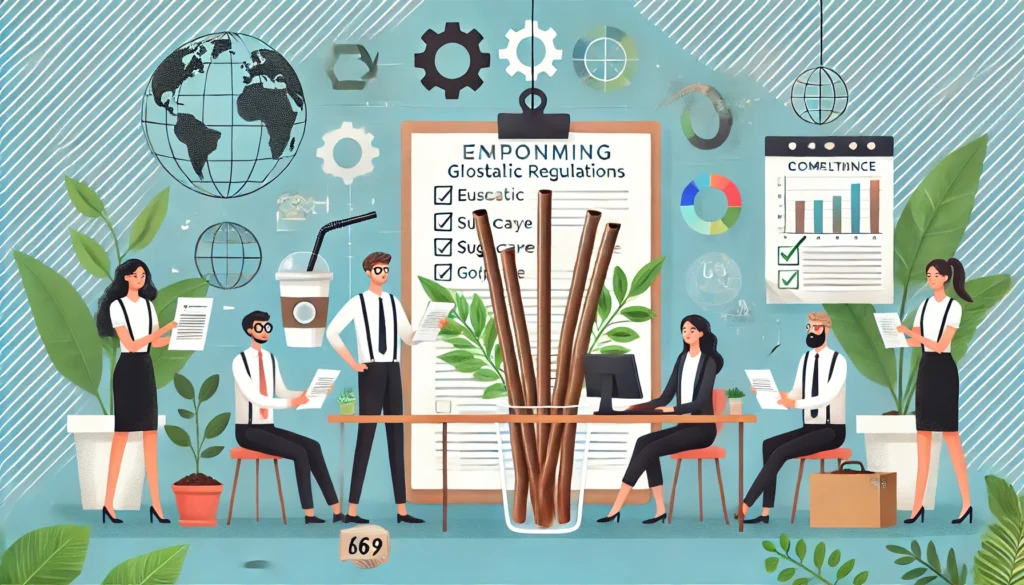 An engaging illustration of a business responding to global plastic regulations. The scene shows employees holding eco-friendly straws made of sugarcane and coffee grounds while working on compliance documents, set in a modern office.