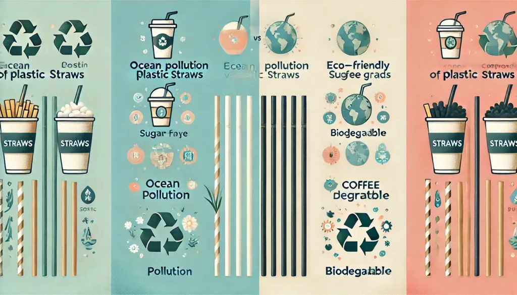 A side-by-side infographic-style illustration comparing the environmental impact of plastic straws versus eco-friendly straws like sugarcane and coffee grounds. Includes labeled icons for ocean pollution, composting, and biodegradability.