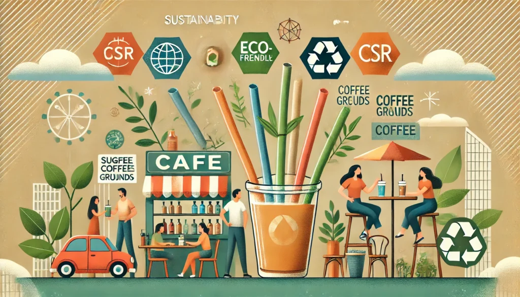 An optimistic illustration of a thriving café using eco-friendly straws, like sugarcane and coffee grounds, as customers enjoy beverages. Includes visual elements promoting sustainability and CSR practices with marketing posters in the background.