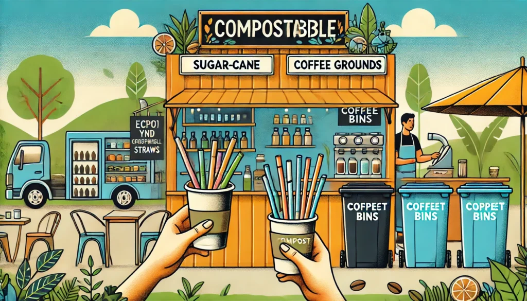 A vibrant illustration showing a café using eco-friendly straws like sugarcane and coffee grounds, emphasizing compostability and branding, with compost bins in the background.