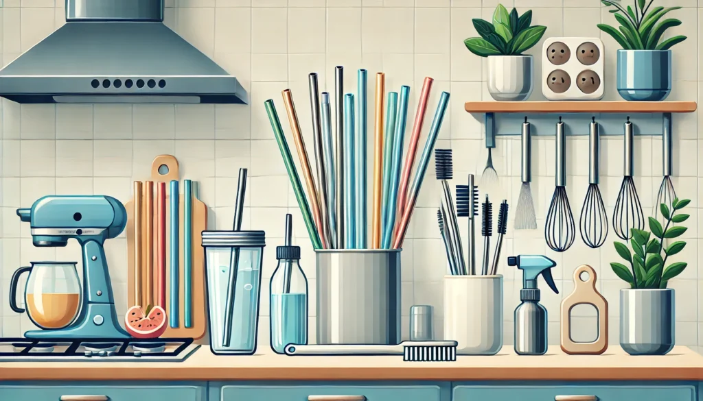 An illustration of reusable straws made from metal, glass, and silicone, set in a clean modern home kitchen with a focus on their maintenance tools like cleaning brushes. Bright and lifestyle-oriented.