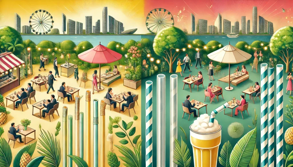 A hybrid sustainability illustration showing businesses using both eco-friendly sugarcane straws for events and reusable silicone straws for premium customers. 