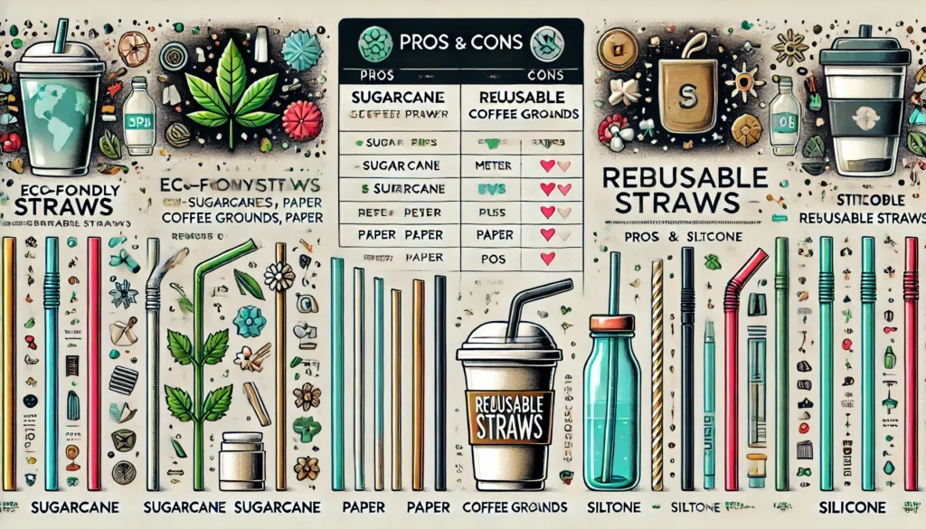 A detailed comparison infographic-style illustration of eco-friendly straws (sugarcane, coffee grounds, paper) versus reusable straws (metal, glass, silicone), with pros and cons for each category.