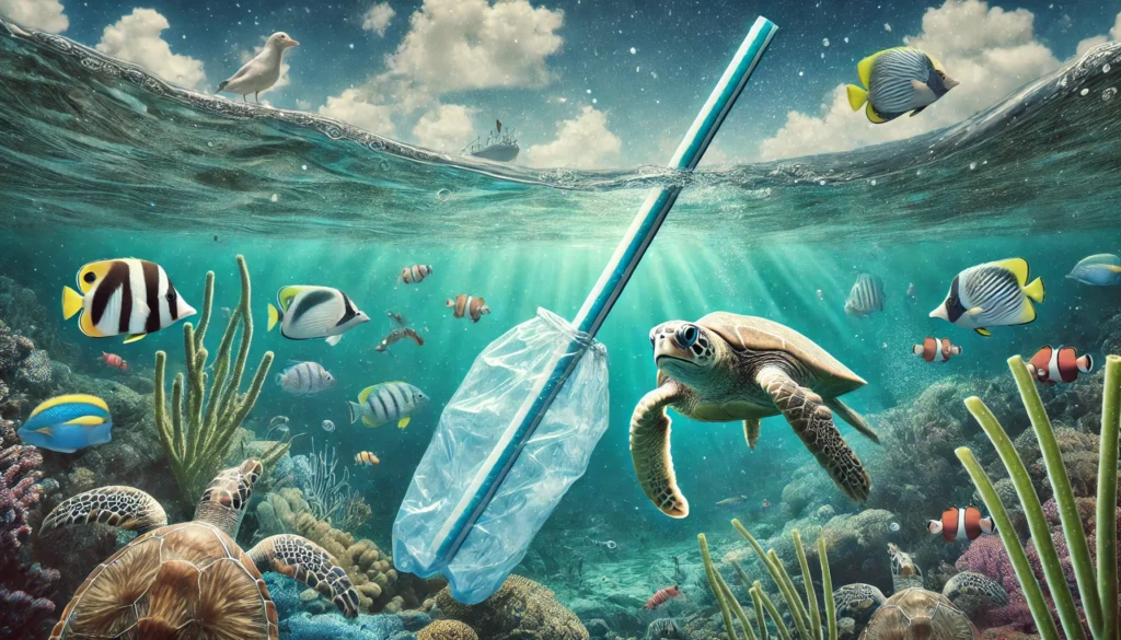 A striking image of a plastic straw floating in the ocean, surrounded by marine life, illustrating the environmental impact.