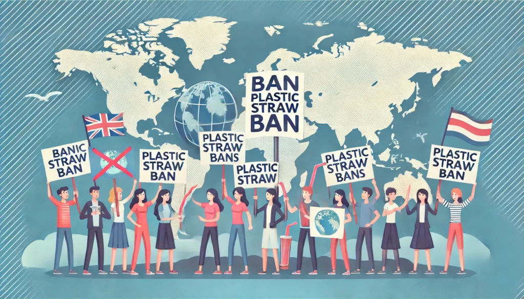 A visual representation of people holding banners or signs advocating for a plastic straw ban, with a global map showing countries with plastic straw bans highlighted.