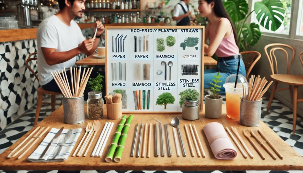 A table displaying eco-friendly alternatives to plastic straws, such as paper, bamboo, stainless steel, and sugarcane. 