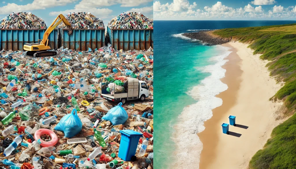 A side-by-side comparison showing a landfill full of plastic waste on one side and a pristine beach free from plastic debris on the other.