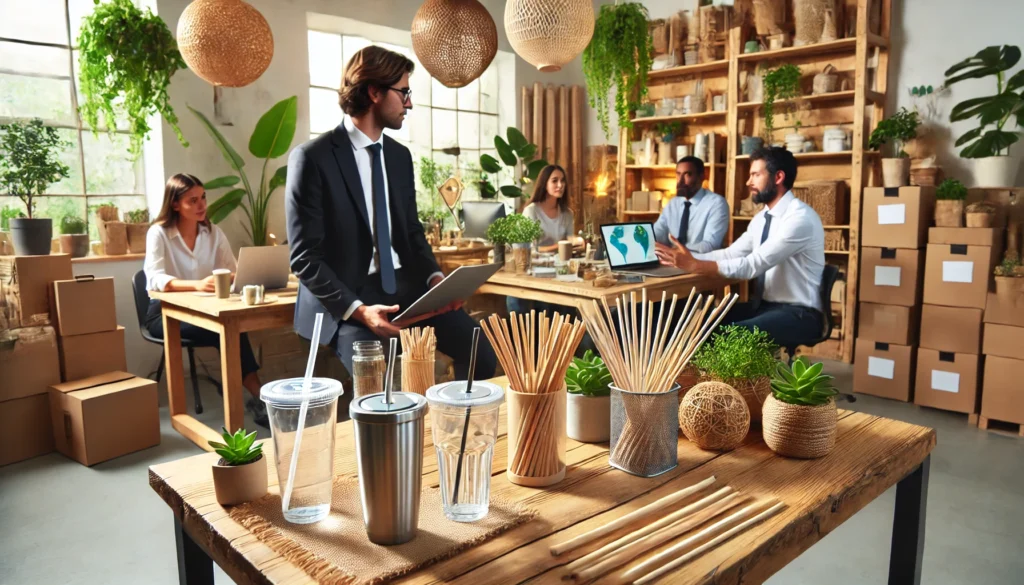 An eco-friendly office with a variety of sustainable products like bamboo straws, paper straws, and reusable drinkware such as glass and metal cups, showcasing a business environment embracing eco-conscious practices.