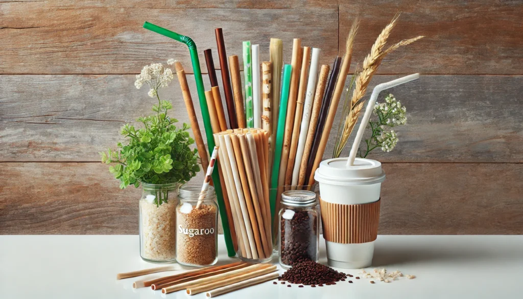 A collection of eco-friendly straws made from various sustainable materials such as bamboo, sugarcane, rice, and coffee grounds, arranged on a clean white surface with a background of natural wood texture, emphasizing sustainability.