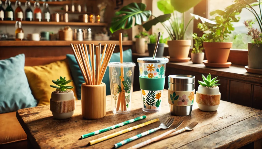 A detailed image of eco-friendly drinkware, including bamboo straws, glass cups, and reusable stainless steel tumblers with vibrant designs, set on a wooden table in a cozy cafe setting with plants in the background.