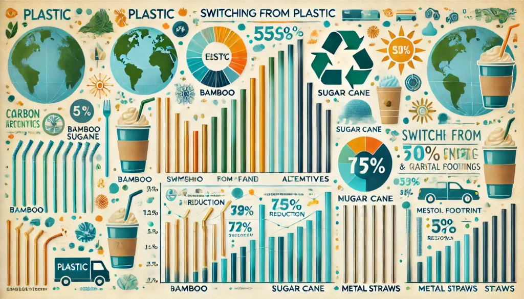 An infographic-style image showing the environmental impact of switching from plastic to eco-friendly alternatives like bamboo, sugarcane, and metal straws, with statistics on waste reduction and carbon footprint savings.