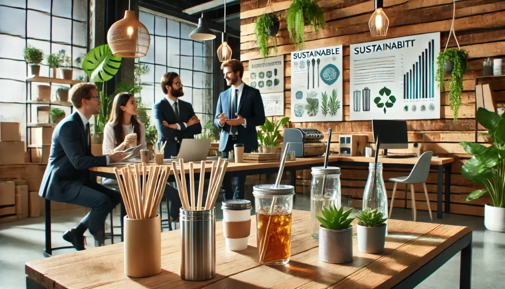 A business environment with eco-friendly products like bamboo, metal, and paper straws, reusable glass drinkware, and a modern aesthetic emphasizing sustainability. Employees are engaged in discussions about sustainable practices, with eco-conscious signage and plants in the background.