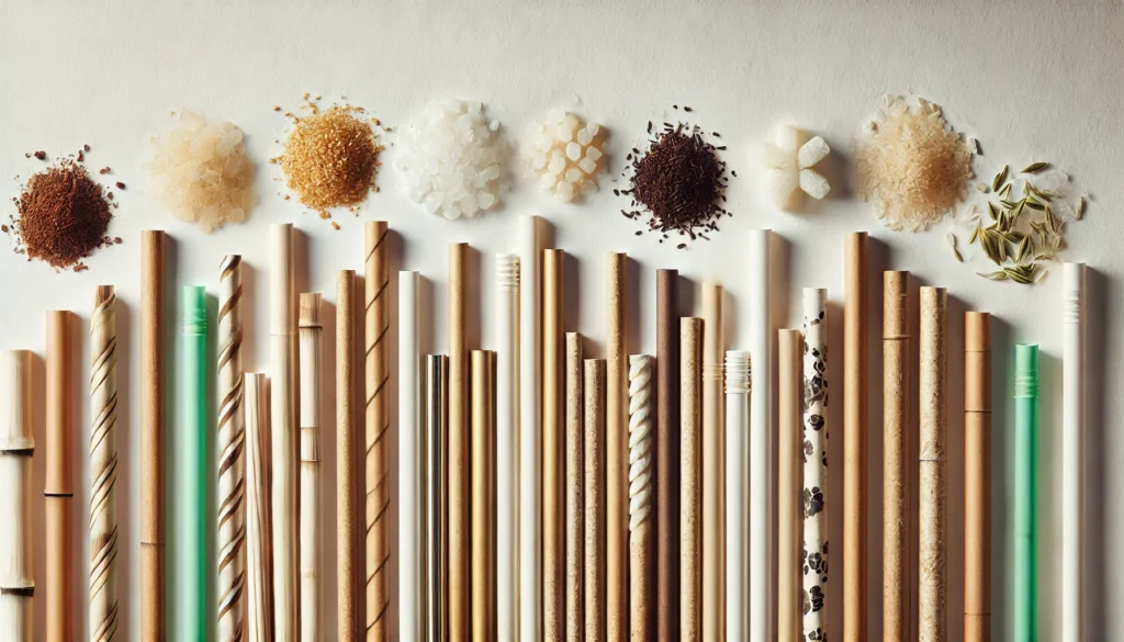 Close-up of a collection of eco-friendly straws made from bamboo, sugarcane, rice, and coffee grounds, with each straw placed in an aesthetically pleasing arrangement on a clean, white background, showcasing the variety of materials and emphasizing sustainability.