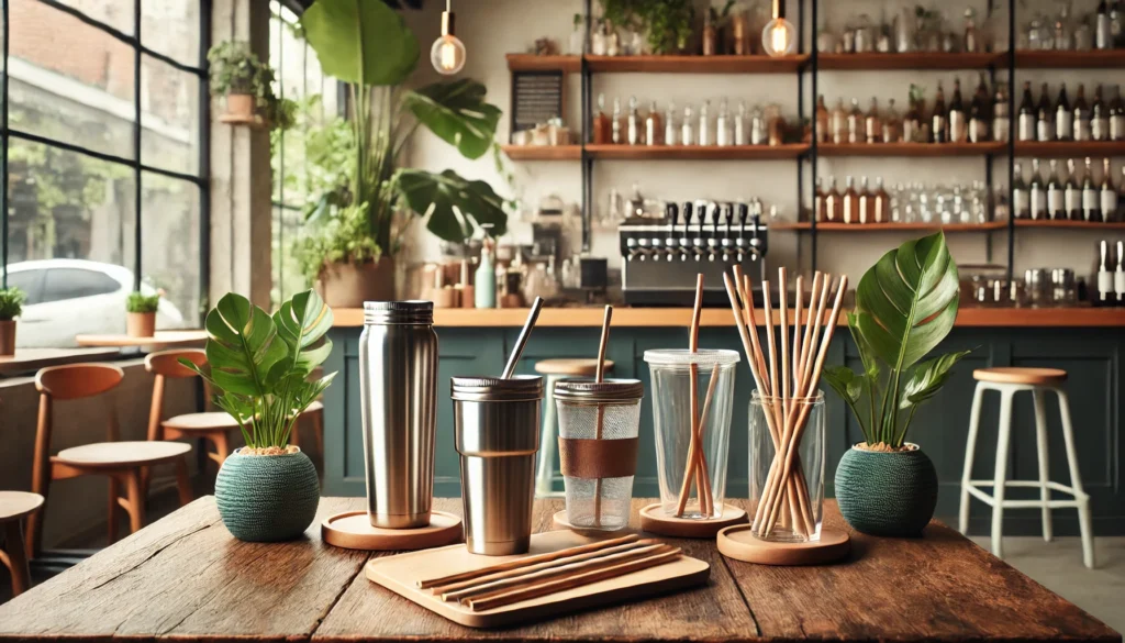 An image showcasing eco-friendly drinkware, including reusable metal tumblers, bamboo straws, and glass cups in a cafe setting with a modern and eco-conscious design. The scene includes indoor plants and clean, natural lighting emphasizing sustainability.