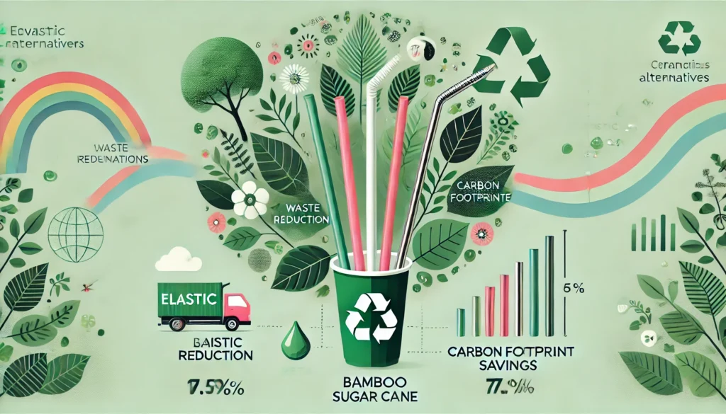 An infographic showing the environmental impact of switching from plastic to eco-friendly alternatives like bamboo, sugarcane, and metal straws. The image includes statistics on waste reduction and carbon footprint savings, visually highlighting the positive impact on the environment.