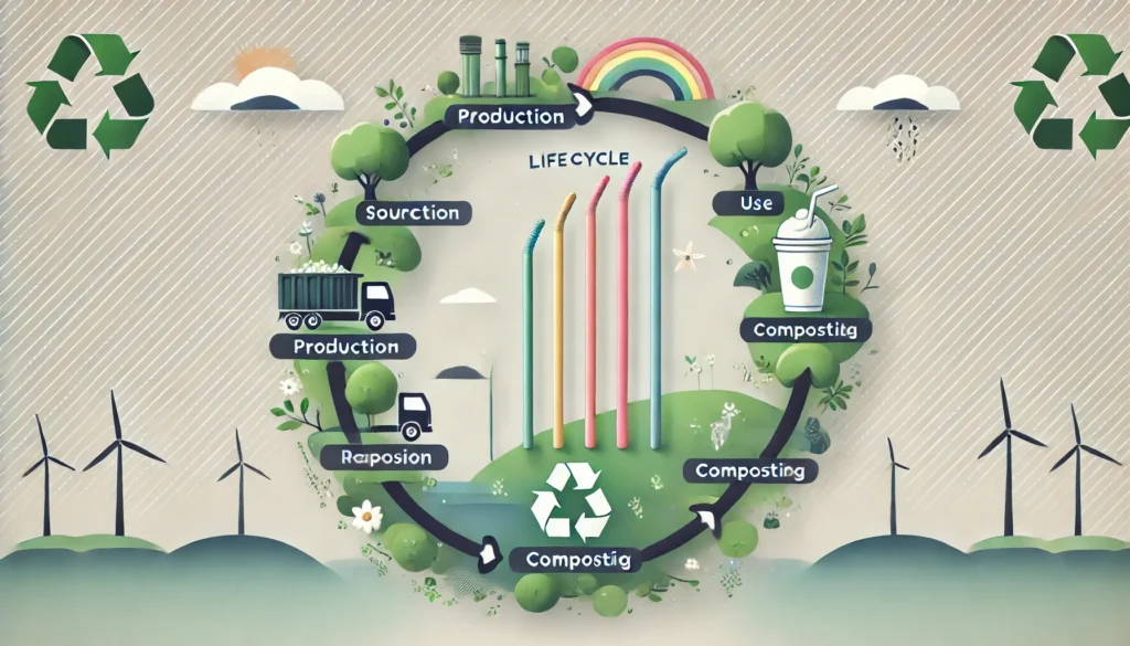 A modern, clean graphic showing the lifecycle of eco-friendly straws from sourcing, production, and use to disposal and composting, emphasizing their environmental benefits and how they contribute to reducing plastic waste in the environment.