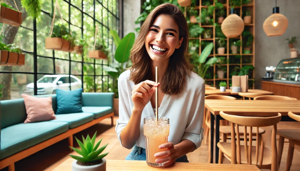 An image of a happy customer enjoying a drink with a bamboo straw, sitting in an eco-friendly café with sustainable design elements, such as indoor plants and natural wood furniture, emphasizing the adoption of eco-friendly products in everyday life.