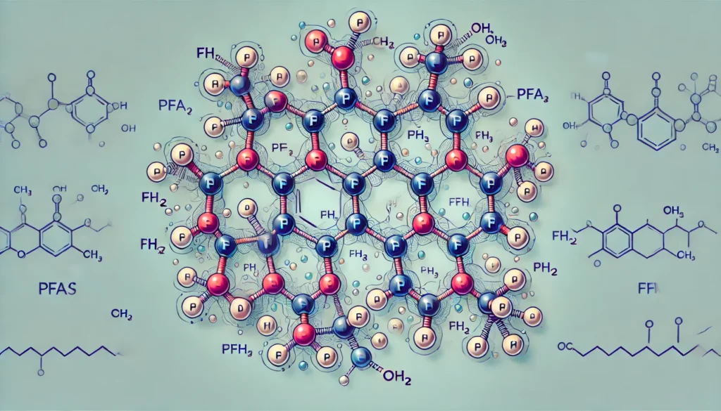 A detailed illustration of the chemical structure of PFAS molecules, with multiple fluorine atoms attached to an alkyl chain, represented in a scientific and educational style.