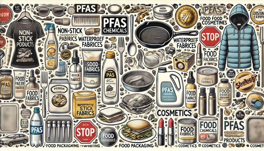 A detailed illustration showing various consumer products like non-stick cookware, waterproof fabrics, food packaging, and cosmetics, each labeled with the presence of PFAS chemicals, represented in an informative and educational style.