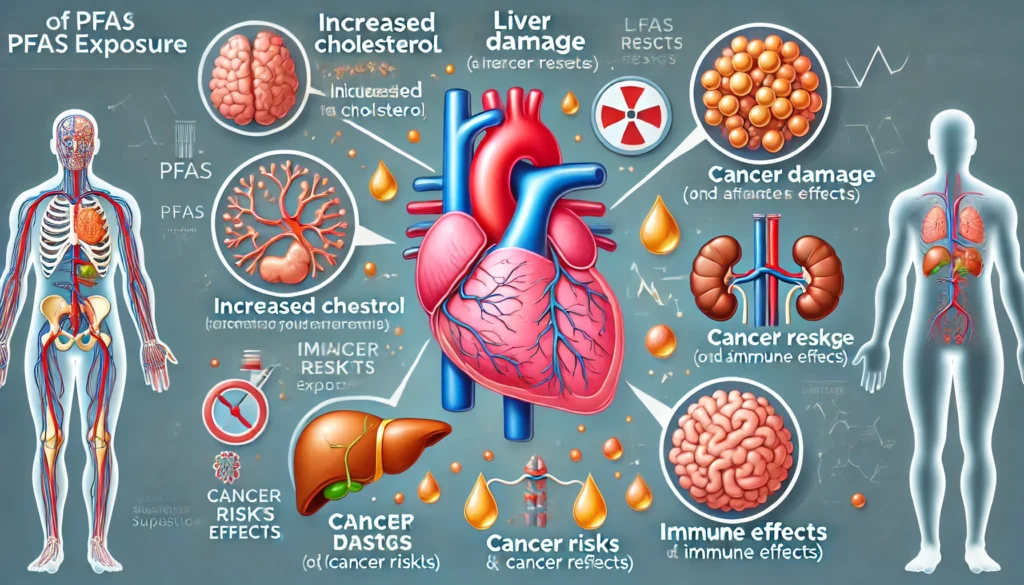 A diagram or infographic illustrating the health effects of PFAS exposure, including increased cholesterol, liver damage, cancer risks, and immune system effects, with visuals of affected organs like the heart, liver, and brain.