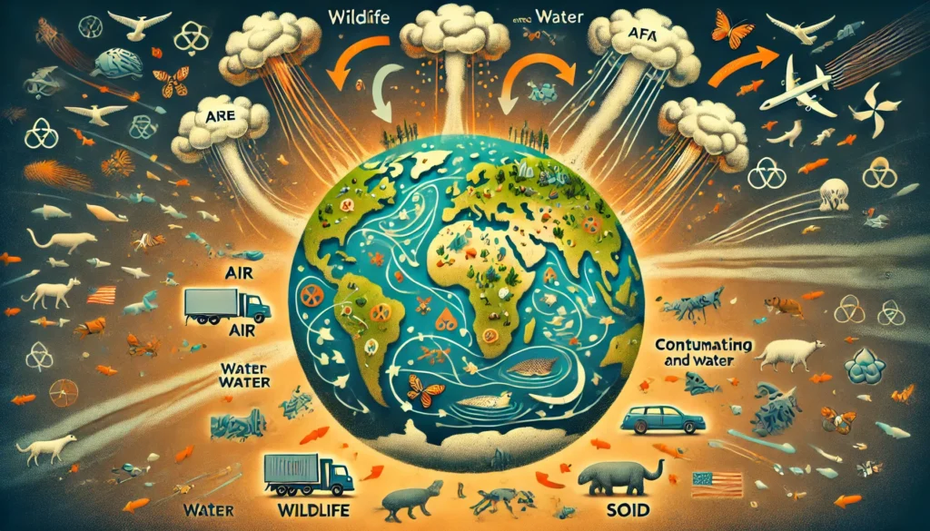 An illustration depicting the global spread of PFAS through air and water, contaminating wildlife, water bodies, and soil, with arrows showing their movement across the globe.