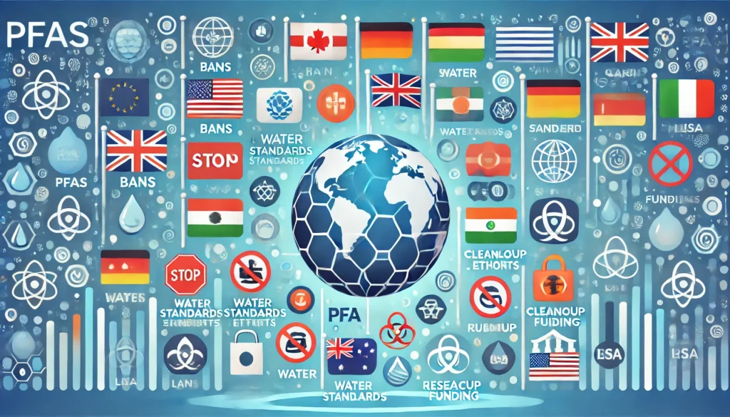 A graphic showing global regulatory actions on PFAS, including bans, water standards, and cleanup efforts, with flags of various countries and icons representing laws, regulations, and research funding.