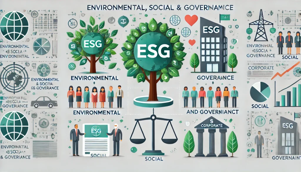 A detailed infographic explaining ESG (Environmental, Social, and Governance) with icons for each component: a tree for Environmental, a group of diverse people for Social, and a corporate building with a scale for Governance. 