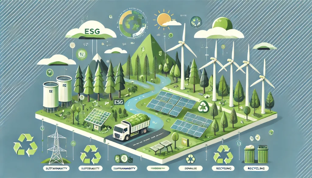 infographic focusing on the Environmental aspect of ESG, featuring visuals such as a forest, solar panels, a wind turbine, and a recycling bin. 