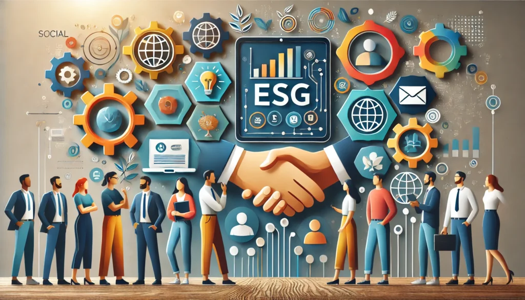 infographic focusing on the Social aspect of ESG, featuring visuals such as a diverse group of people, hands shaking to signify collaboration, and an educational icon. The colors should evoke trust and inclusivity, suitable for corporate presentations.